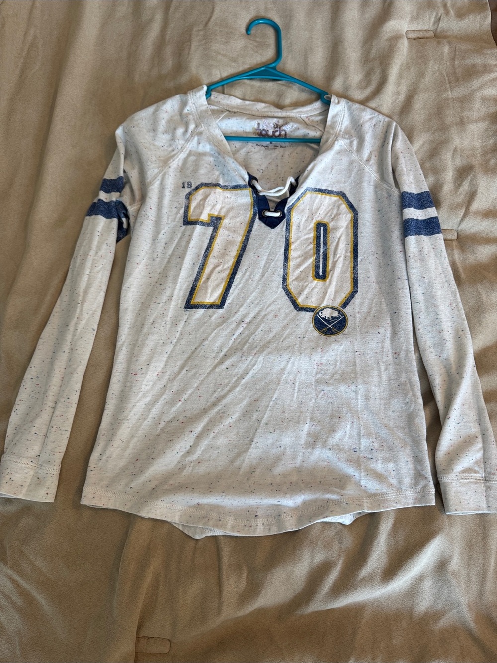 White Long-Sleeve Lace-Up Jersey Top with Navy & Yellow 70 Graphic
